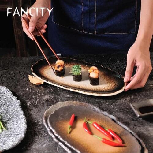 FANCITY Curved dan-shaped plates, ceramic sushi plates, oval dishes, fish plates, creative exotic snack plates