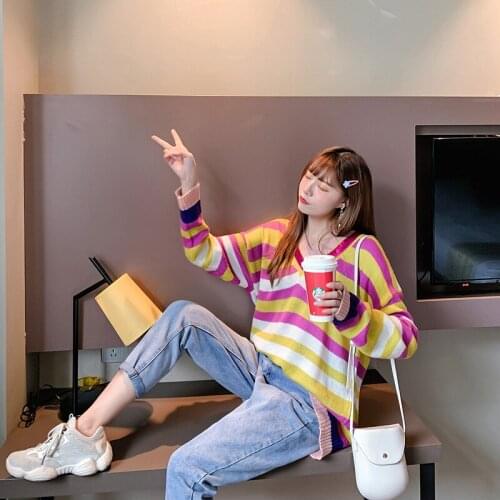 H9532 Autumn Winter Pullover Female Korean Loose Rainbow Striped Sweater Women Student V Collar Casual College Style Jumper Tops