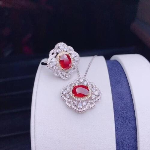 Charming red ruby gemstone ring and necklace jewelry set 925 silver ornament natural gem rose gold en color girl party present