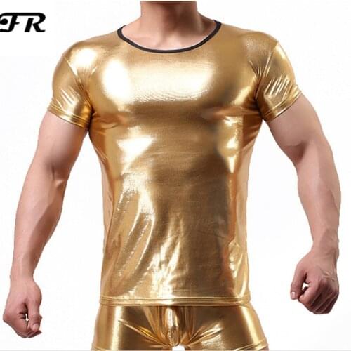 FR Mens Imitation Leather Undershirt,Muscle Shirt Tight T-shirts Clubwear Nightwear,Mens Tees