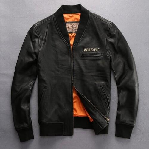 2020 Mens Sheepskin Black Designer Brand Soft Genuine Leather Jacket Flight Classic Vintage Spring Autumn Coats for Male