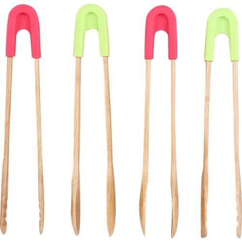 Natural Bamboo Tongs with Removable Silicone Handle Non-Stick Kitchen Tongs Clip for Toast Salad Steak Bread BBQ Cooking Utensil