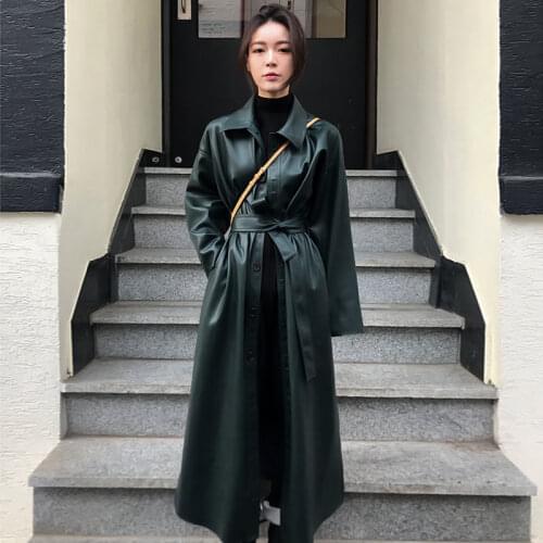 2021 New Spring Long Leather Trench Coat for Women Long Sleeve Lapel Loose Fit Fall Black Women Plus Size Clothing Streetwear