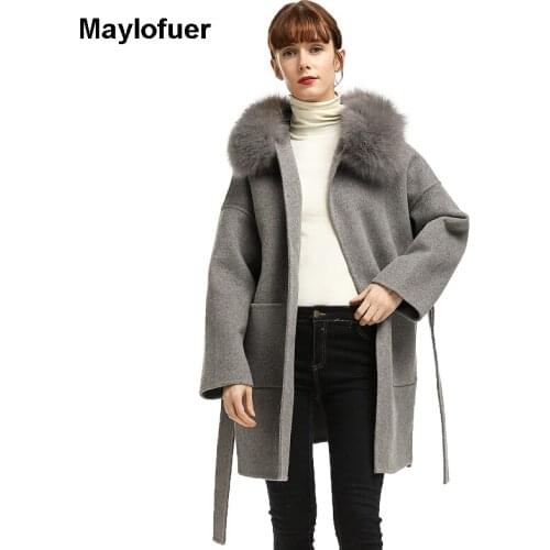 Maylofuer new arrival hot sale real fox fur collar wool coat hooded carshmere coat big size women coat fashion wholesale
