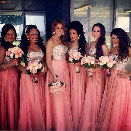 New Long Bridesmaid Dresses Sequins Beaded Draped Chiffon Bridesmaids Wedding Party Dress Peach