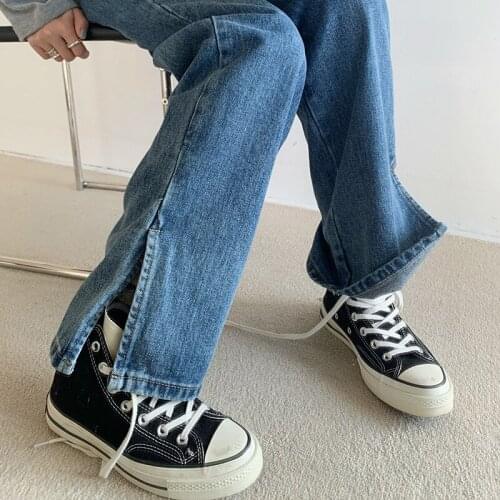 Korean Style New High Waist Jeans Designed Slit Legs Casual Pants Women Straight Trousers Fashion Pants Denim Cotton Jeans