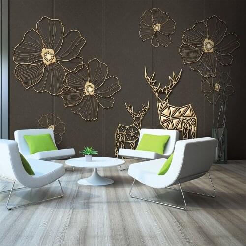 Custom 3d wallpaper modern minimalist gold line flower plum TV background wall - silk waterproof material