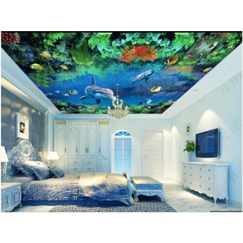 Custom photo wallpaper 3d ceiling mural wallpaper 3D Underwater World Dolphin Ceiling zenith mural wall papers for living room