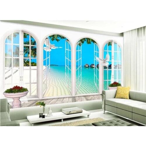 Custom photo wallpaper 3D mural wallpaper sea view Roman column landscape TV set wall balcony window wallpaper home decoration