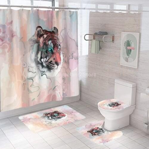 Pink Fantasy Tiger Shower Curtain Animal Bathroom Curtain Bath Set Toilet Cover Mat Non-Slip Washroom Rug Set Modern 180x180cm