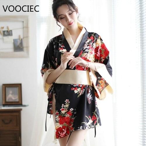 VOOCIEC Lady Sexy Costumes Japanese Kimono Dress with Belt Satin Silk Cardigan Pajamas Sleepwear Woman Smooth Bathing Robe Gown