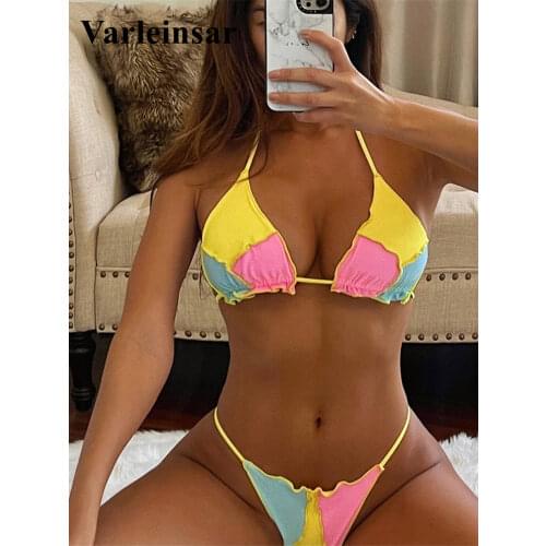 Sexy Ruffled Frilled Splicing Halter Bikini Women Swimwear Female Swimsuit Two-pieces Bikini set Bather Bathing Suit Swim V3114