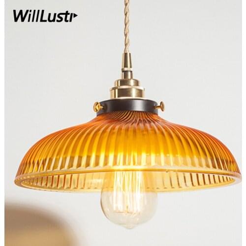 Nordic vintage ribbed amber pressed glass pendant light brass head pendant lamp dinning room home hotel restaurant loft lighting