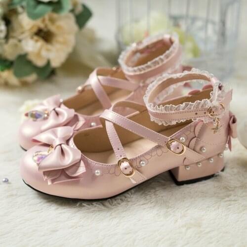 Sweet Girls Bowknot Kawaii Tea Party Japanese Cosplay Cute Anime Lolita Shoes Women Mid Heel Jk Pearl Lace Buckle Loli Shoes