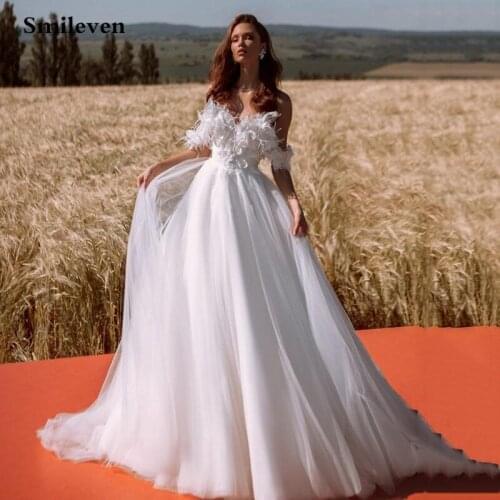 Smileven Boho Wedding Dress Feather Sweetheart Neck Robe De Mariee Lace Bridal Dresses Wedding Dress For Girls