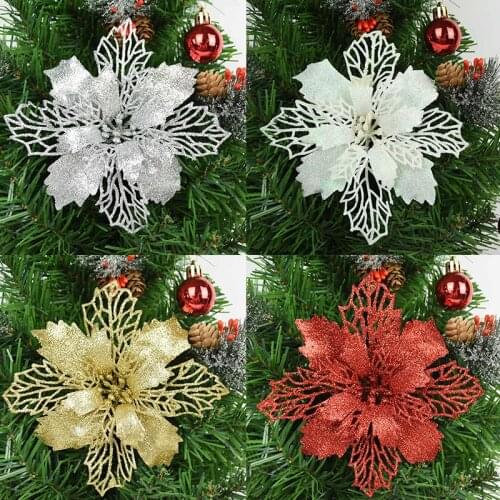 5pcs Gold Silver Red Glitter Flowers Polyester Silk Artificial Flowers for Christmas Decoration Xmas Tree Ornaments Fake Flower