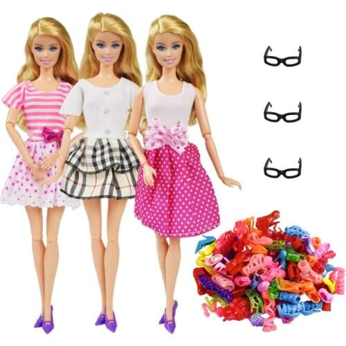 9 Item/Set Doll Accessories=3 Pcs Doll Clothes+ 3 Pcs Glasses + Random 3 Pairs Shoes for 12 Inch Doll Accessories Girl Toy Gift