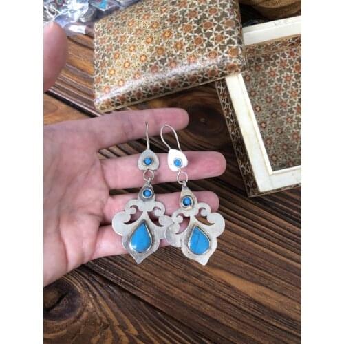 Bohemian Geometric Turquoises Earrings for Women Tribal Jewelry Antique Silver Color Blue Stone Earring