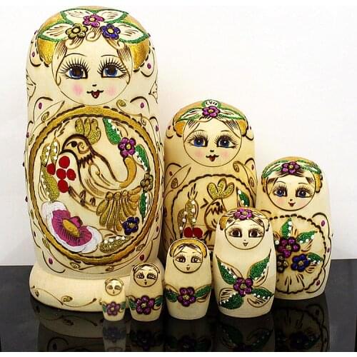7pcs/set Wooden Russian Nesting Dolls Creative Cartoon Girls Bird Pattern Traditional Matryoshka Dolls Christmas Gifts Kids Toys