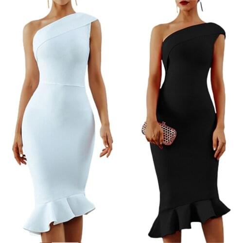 CHRONSTYLE Elegant Party Vestidos Women One-shoulder Midi Dress Solid Color Formal Backless Bodycon Wrap Ruffles Irregular Dress
