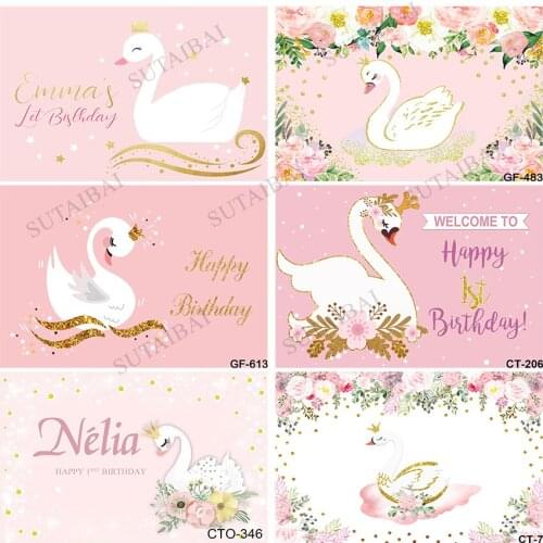 Swan Pink Background Happy Birthday Baby Shower Newborn Welcome Princess Party Backdrops Photo Booth for Baby Photocall Decor