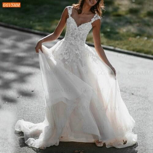 Fashion White Wedding Gown 2021 Bride Dresses Backless Lace Appliqued Tulle A Line robe de mariée Custom Made hochzeitskleid New