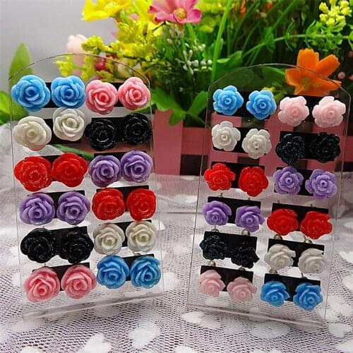 12 Pair Earring Pack Jewelry Mixed Lots Resin Rose Flower Stud Earrings Fluorescent Colors Of Roses Earrings For Women Gift
