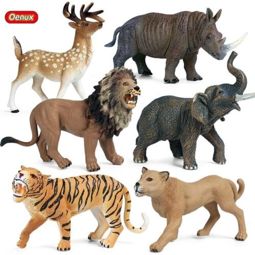 Oenux Original African Wild Animals Simulation Lion Tiger Giraffe Elephant Deer Model Action Figures Miniature Education Kid Toy