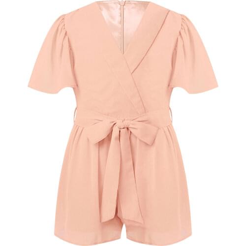 Oyolan Kids Girls Chiffon Jumpsuit Ruffle Short Sleeve Pleated Waist Sash Self Tie Back Zipper Rompers Bodysuit 4 6 8 10 12 Yrs