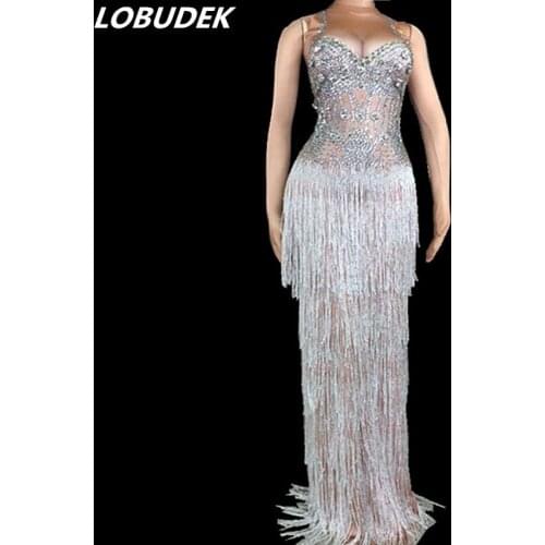 High-end Sparkly Rhinestones Sleeveless Tassel Long Dress Female Singer Host Prom Party Show One Piece Dress Adult Stage Costume