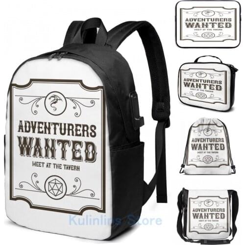 Funny Graphic print Tabletop RPG Addict Adventurers Wanted Meet at the Tavern USB Charge Backpack men School Travel laptop bag