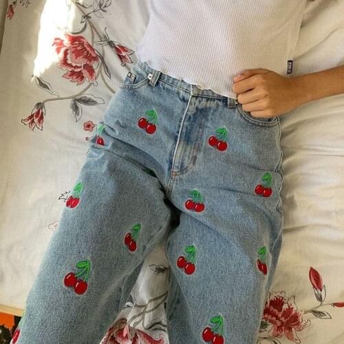 Women Jeans 2021 Autumn Fashion High Waist Cherry Embroidery Denim Pants Casual Light Blue Trousers