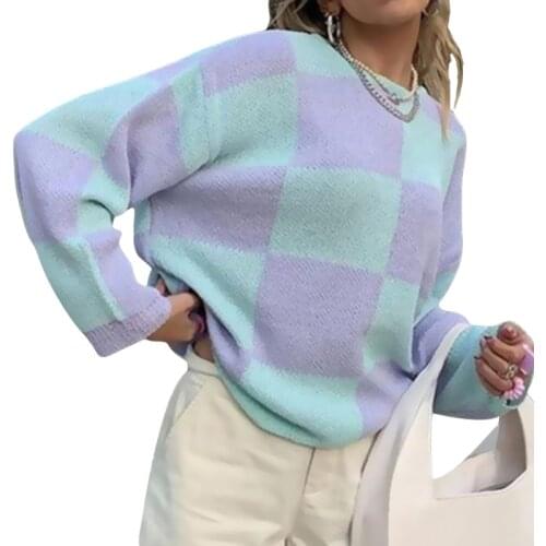 Women Long Sleeve Knitwear, Autumn Winter Ladies Double Color Plaid Round Collar Loose Knitted Tops Casual Sweater