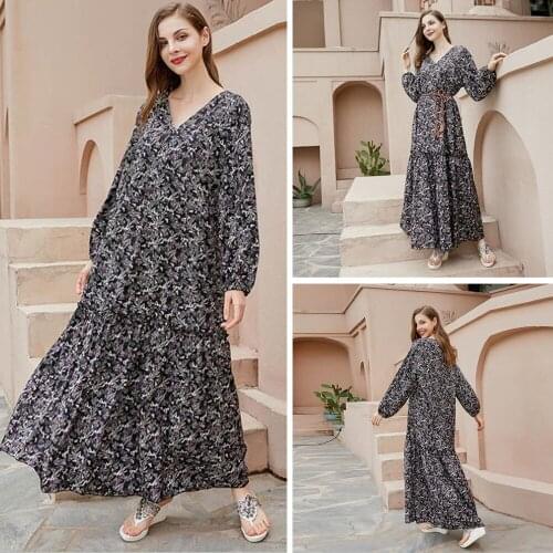 2021 Fashion New Women Print Long Dress Vintage Loose Casual Long Sleeve Holiday Dress V-neck Long Sleeve Size S-5XL Vestido