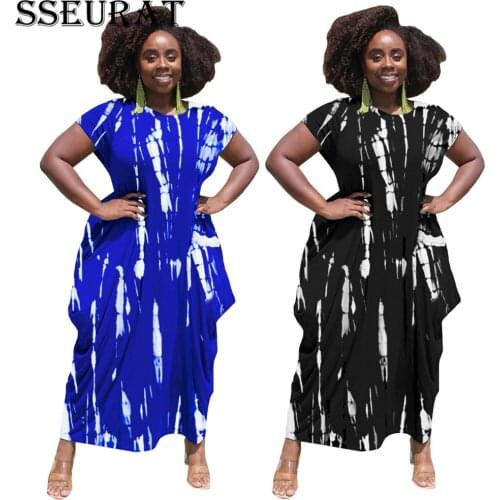 SSEURAT Women Tie Dye Print Maxi Dress Streetwear Basic Short Sleeve O-neck Loose Long Dresses