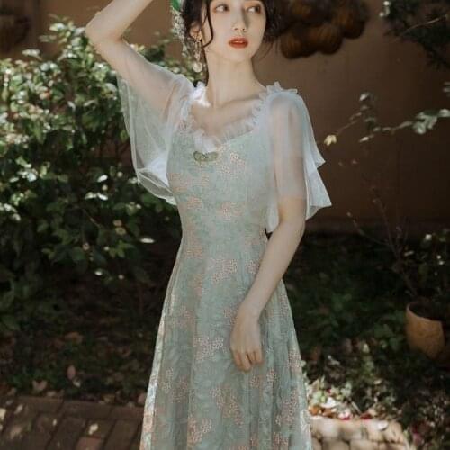 VOOCIEC Womens Sexy Dress Designed By Minority French Retro Lolita Deep Forest Girl Style Sweet One Line Collar Dress