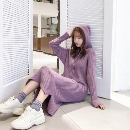 2020 knit autumn and winter long dress Sweater female solid color long-sleeved hooded collar loose new