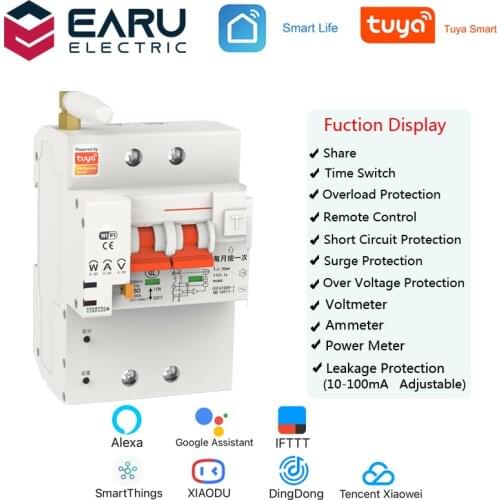 TUYA 2P 4P 10-63A 220V Smart WIFI Circuit Breaker Switch Leakage Protection Power Energy Consumption kWh Meter Voltmeter Ammeter