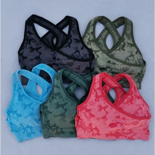 Camo Seamless Sports Bra Medium Support Running Yoga Bra Criss-Cross Back Padded Sports Bras Woman Fitness Bra Top Activewear