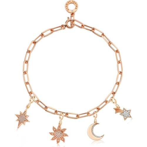 Valori Jewels Star And Sun And Moon, Zirconia Gemstone, Rose Gold Plated, Sterling Silver Charm Bracelet