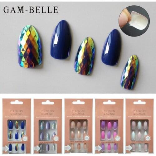 GAM-BELLE 3D Shining Laser Diamond Scales Fake Nails Full Cover Long Almond Detachable False Nails Manicure Decoration Tools