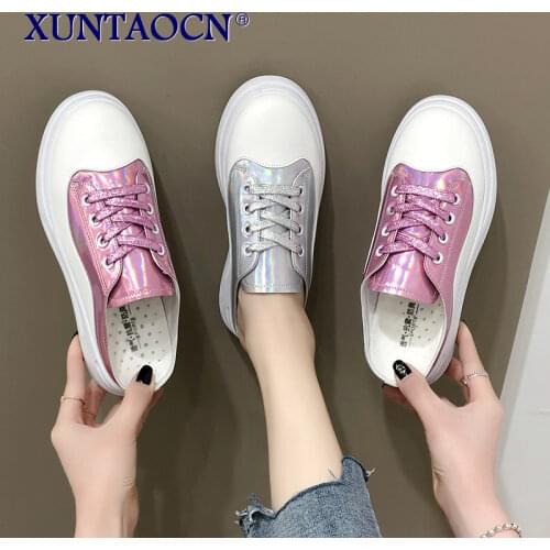 Fashion Sneakers Women 2021 Spring Summer Autumn Casual Shoes Female Platform Bling Shine Leather Classic Cotton Lace Up Shoes