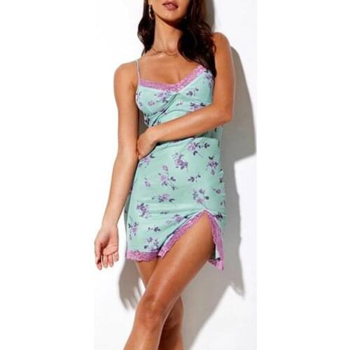 Summer Sexy Women Beach Dress Spaghetti Straps V Neck Lace Trim Floral Printed Night Club Mini Vestidos Patchwork Split Sundress