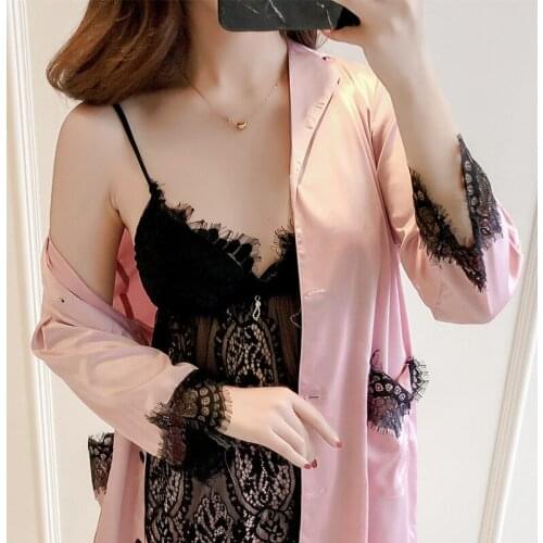 Spring and Autumn New Long-sleeved Trousers Matte Silk Pajamas Suit Lace Comfortable Sexy Three-piece Home Wear with Chest Pad