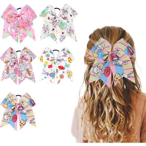 Cheer Bows 7'' Fashion Elastic Hair Band Cartoon Print Colorful Stripes Bunny Eggs Hair Ties Girls Ponytail Hair Accessories