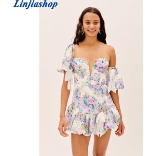 Puff sleeve V-wire front sexy dress for women Lace bowtie cute ladies dress floral print summer mini dress