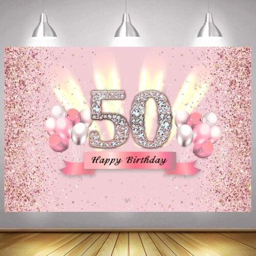 Pink 50th Photo Backdrop Lady Happy Birthday Party Decoration Gold Light Balloon Diamond Photography Backgrounds Banner