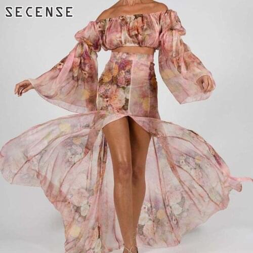 Chiffon Ruffle Vintage Off Shoulder Floral Printed Long Sleeves Mermaid Evening Dresses Elegant Women Long Dress 2 Piece Set