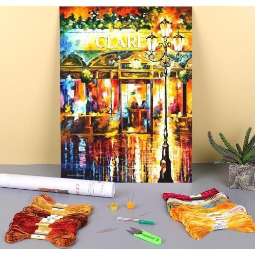 Misty Cafe Printed Water-Soluble Canvas 11CT Cross-Stitch Full Kit DIY Embroidery DMC Threads Handmade Craft Package