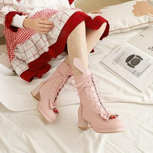 2021 Women Boots Sweet Female Single Shoes Roune Toe Ankle Strap Bowtie Med Heels Girls Cosplay Shoes Japanese Style